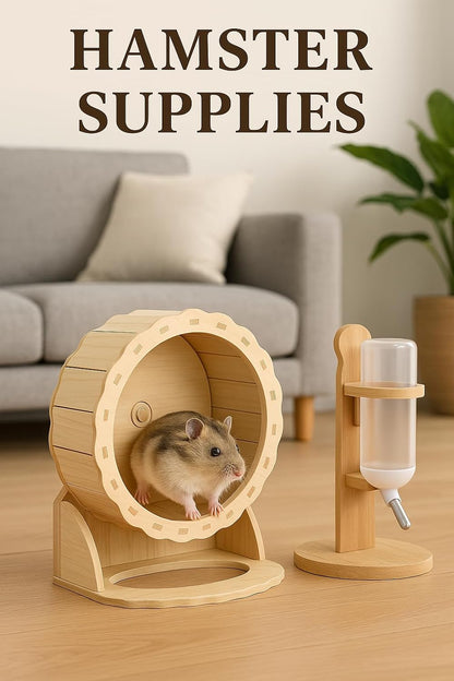 Hamster House Wooden Hamster Wheel & Water Bottle Set, Silent Exercise Wheel 5.9" with Adjustable Water Dispenser Stand, Small Animal Accessories for Ham Ster, Gerbil, Guinea Pig, Mice (3 Pcs)