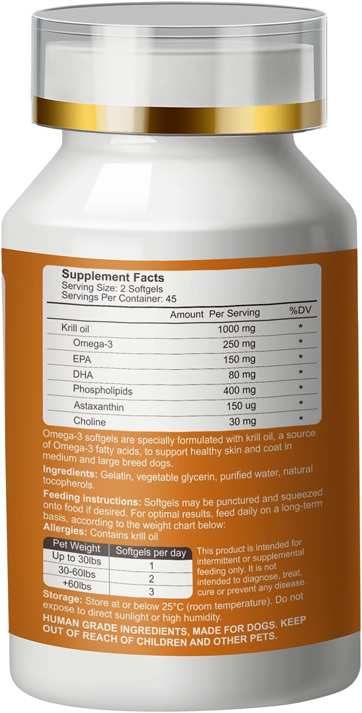 Krill Oil Omega 3 for Dogs - Allergy Relief - Joint Health - Itch Relief, Shedding - Skin and Coat Supplement - 180-Count Deep Sea Krill Oil Capsules - Omega 3 6 9 - EPA & DHA Fatty Acids