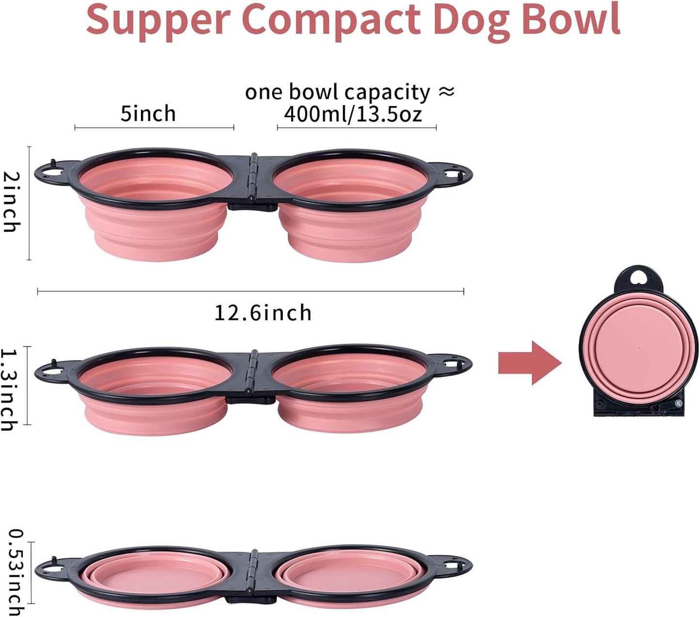 SLSON Collapsible Dog Dual Bowls Reinforced Rim 180 Degrees Flip Over Foldable Double Bowl with Lock Clips More Stable Dog Travel Bowls Pet Food Water Feeder (Light Pink)