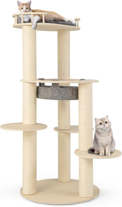 PETSITE 59 Inches Modern Cat Tree, Multi-Level Wood Cat Tower with Sisal Scratching Posts, Cozy Hammock, Comfy Top Perch, and 3 Jumping Platforms, Ideal for Indoor Cats Kittens