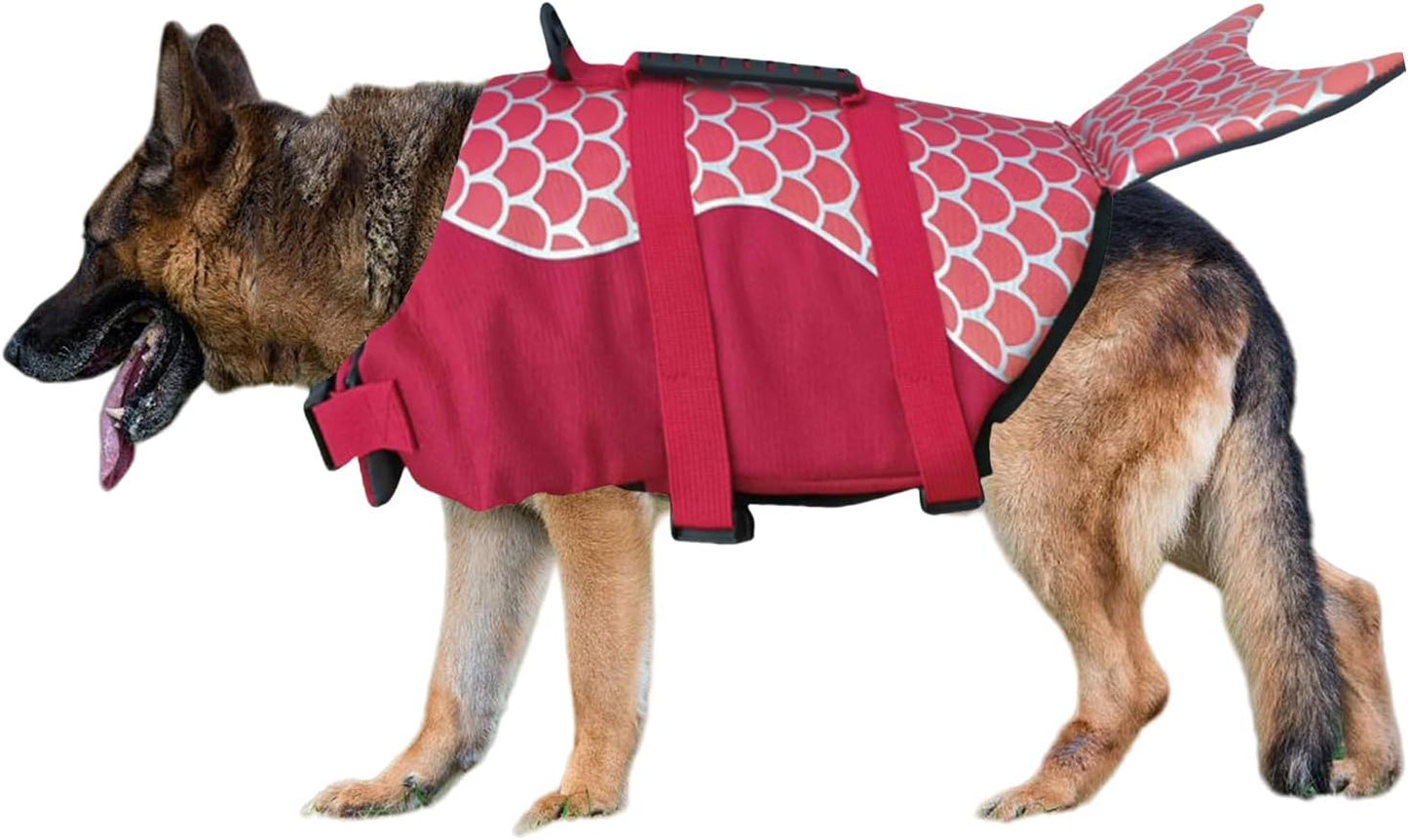 Dog Life Vest Adjustable - Shark Design Puppy Life Jacket for Swimming & Boating, High Buoyancy & Rescue Handle, Small/Medium/Large Dogs, Enhanced Visibility (Red Mermaid, XS(Weight 2-4kg))