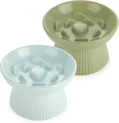 STARVAST 2 Pack Ceramic Slow Feeder Cat Bowl, Elevated Slow Feeder Cat Bowl, Anti Vomiting & Choking Cat Slow Feeder, Raised Cat Bowl Slow Feeder for Dry and Wet Food, Spill-Proof and Easy to Clean