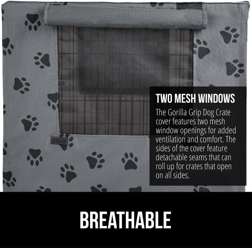 GORILLA GRIP Dog Crate Covers compatible with Amazon Basics Dog Crates, All Sides Open, Privacy Cover Fits 42" Wire Kennel, Breathable Mesh Windows, Light Reducing Puppy Training Cage Topper, Gray Paw