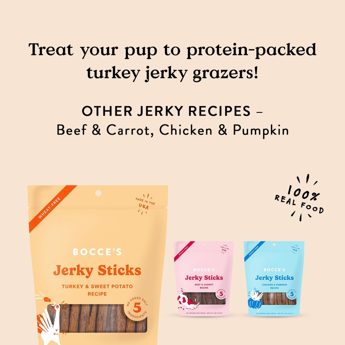Bocce's Bakery Jerky Stick Dog Treats, Wheat-Free, Made with Limited-Ingredients, Baked in The USA with No Added Salt or Sugar, All-Naural & High-Protein, Turkey & Sweet Potato, 4 oz