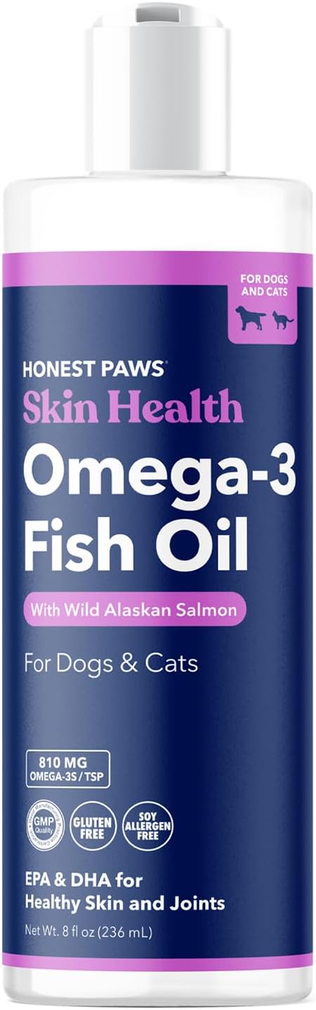 Honest Paws Salmon Oil for Dogs - Omega 3 Wild Alaskan Salmon Fish Oil - Healthy Skin, Joints, Nutritional Support, Shiny Coat - Fatty Acid, Pollock Oil - Sustainably Sourced - 8 Oz