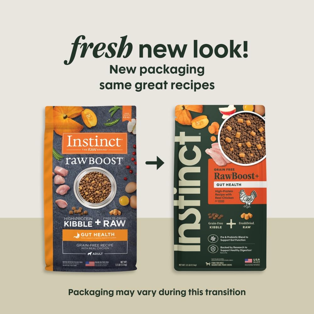 Instinct Raw Boost Gut Health, Natural Dry Dog Food with Freeze Dried Pieces, Grain Free Recipe - Real Chicken, 3.5 lb. Bag