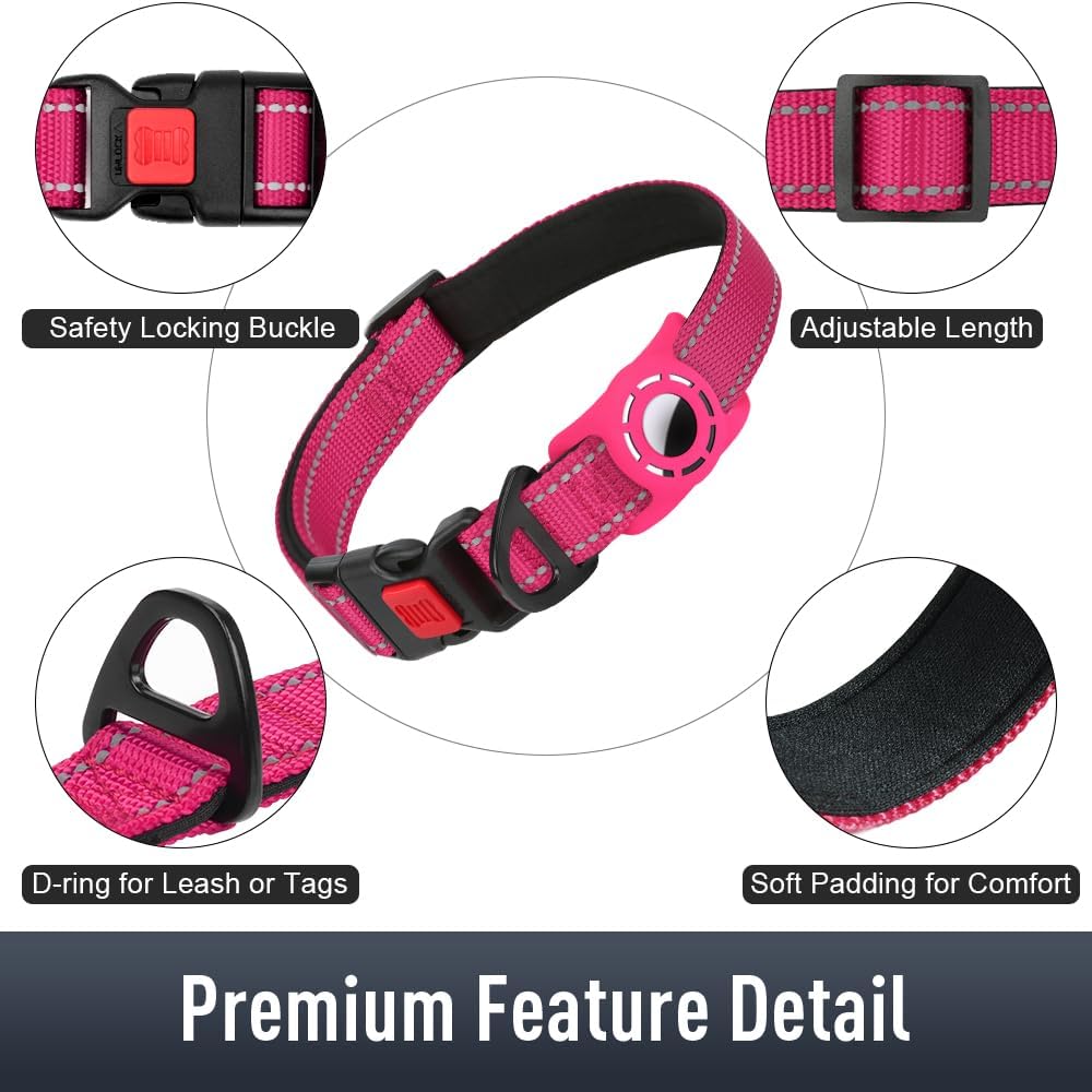 Airtag Dog Collar with AirTag Holder for Medium Dogs, Reflective, Soft Padded & Safety Locking Buckle, Nylon Pet Collars Adjustable for All Breeds, Hotpink,M