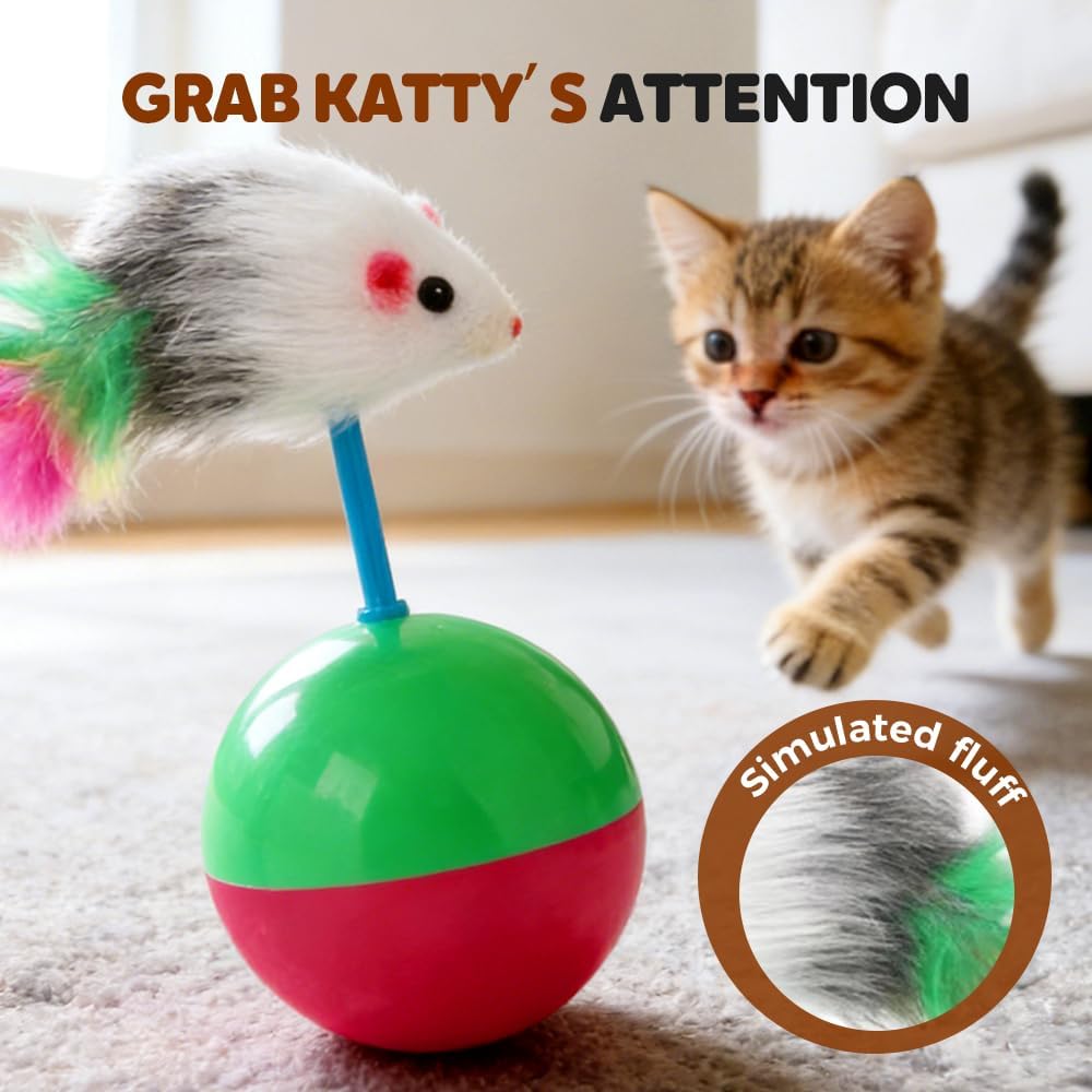 Interactive Mice Tumbler Cat Toy, 2026 New Automatic Wobbling & Rolling Interactive Toy for Indoor Cats Dog, Floppy Cat Toy Fun Play to Cure Boredom (Short Feathers-red)