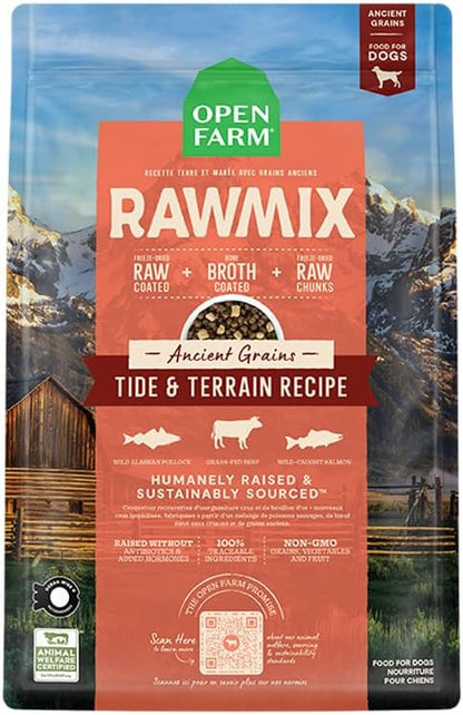 Open Farm, RawMix Dry Dog Food with Ancient Grains, Protein-Packed Kibble Coated in Bone Broth with Freeze Dried Raw Chunks, Pollock Beef & Salmon, Tide & Terrain Recipe, 3.5lb Bag