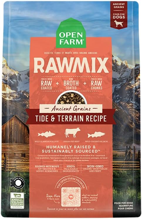 Open Farm, RawMix Dry Dog Food with Ancient Grains, Protein-Packed Kibble Coated in Bone Broth with Freeze Dried Raw Chunks, Pollock Beef & Salmon, Tide & Terrain Recipe, 3.5lb Bag