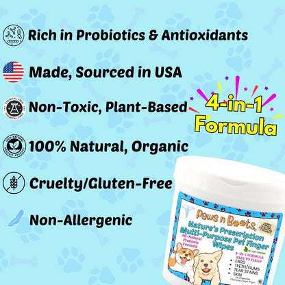 Pet Wipes - Multi-Purpose Finger Wipes to Cleanse Ears, Freshen Breath, Whiten Teeth, Soothe Skin and Tear Stain Removal. Pre-Formulated with 100% Natural, Plant-Based, Safe, & Beneficial Ingredients.