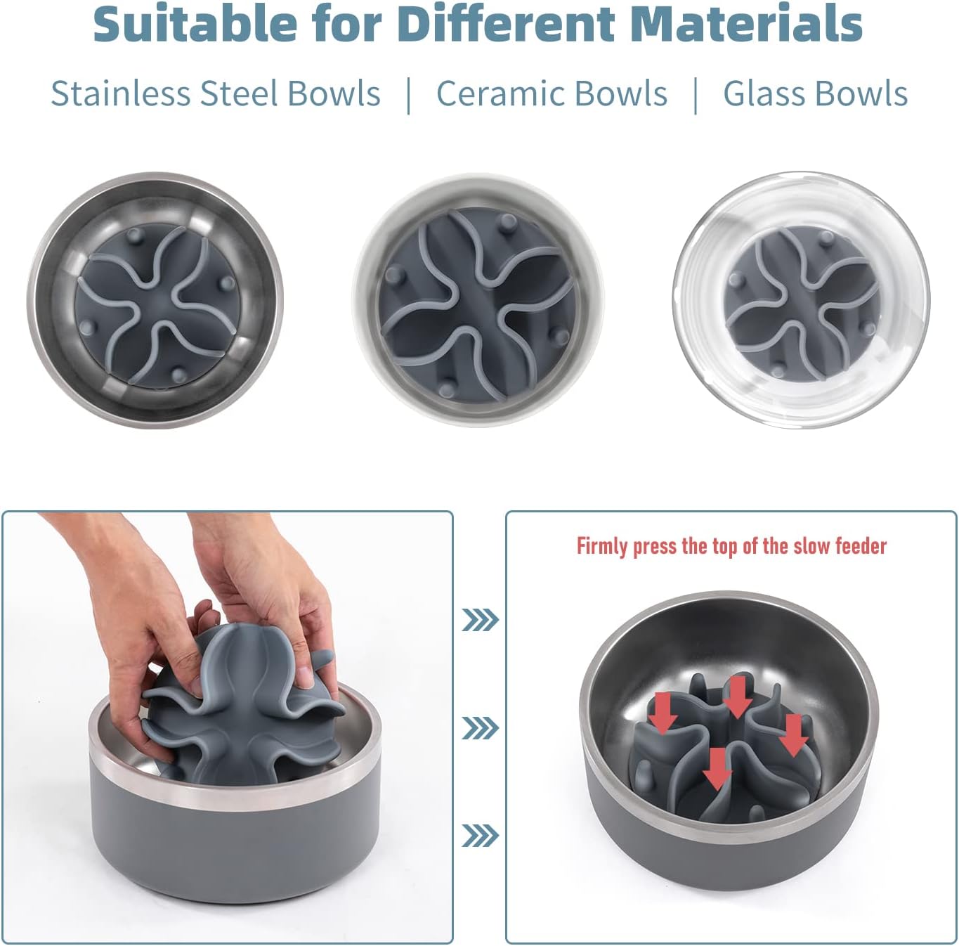 Jaoul Slow Feeder Dog Bowls Insert, Puzzle Slow Feeder Insert with 51 Octopus Suction Cups for Medium Large Size Dog Food Bowl Over 6.5" Wide (Grey)