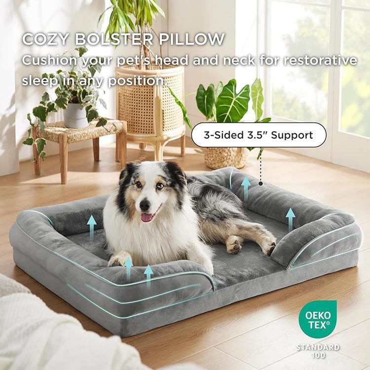 Optimized Orthopedic Dog Bed for Medium Dogs, 41" x 27" Memory Foam Pet Bed with Removable Washable Cover, Waterproof & Non-Slip Sofa Bed for Joint Support, Grey