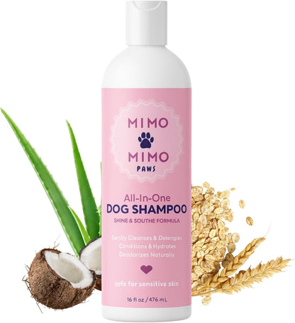 All-in-One Dog Shampoo for Sensitive Skin, Hydrating, Detangling, and Deodorizing Care. All-Natural Ingredients Soothe Itchy Skin. No Parabens Or Harsh Chemicals. Refreshing Scent. Made in USA 16 oz.