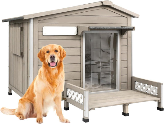 Weatherproof Dog House Outdoor Wooden Chew-Proof Iron Frame, Removable Floor and Adjustable Window for Small Medium Some Large Dogs(Gray, 40" L x 40" W x 35" H)