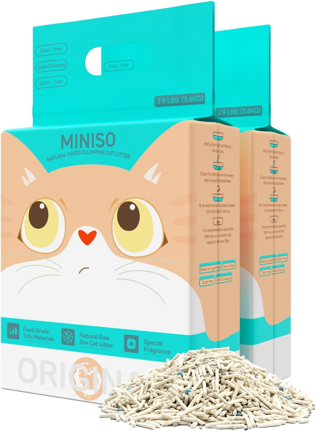 MINISO Clumping Cat Litter, Tofu+Bentonite+Cassava, Odor Control, Rapid Clumping, Water Absorbent and Toilet Flushable, Multi-Cat, Original Style, 15.8lb (2 Pack of 7.9lb Bags)