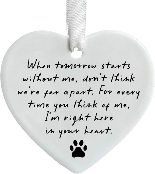 OFlyDesigns Pet Memorial Ceramic Heart Keepsake, “When Tomorrow Starts Without Me” Remembrance Ornament for Dog or Cat, Loving Memory Sympathy Decor with Gift Box, Pet Loss Bereavement Hanging Heart