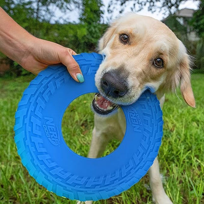 Nerf Dog Tire Flyer Outdoor Dog Toy, 10 Inch Flying Disc Dog Fetch Toy, Rubber Dog Toy for Medium Dogs and Large Dogs, Blue (Pack of 2)