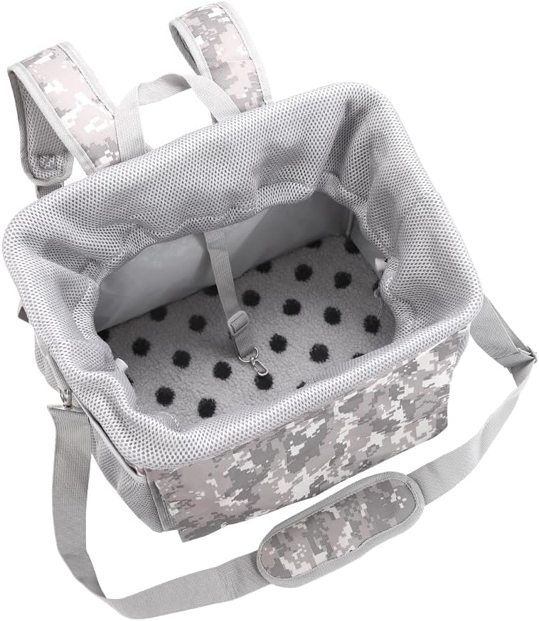 Dog Bike Basket, Pet Bicycle Carrier, Dog Car Seat with Safety Rope, Adjustable Shoulder Strap Portable Breathable Bicycle Basket Bag for Dogs and Cats Up to 15lbs