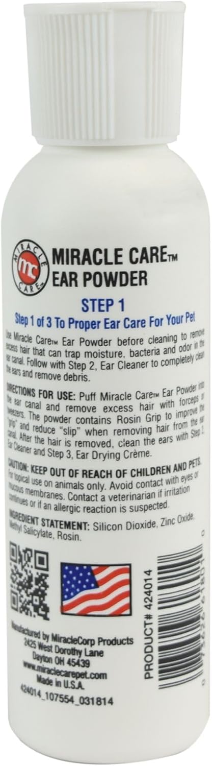 Miracle Care Ear Powder for Dogs and Cats, 12 Grams, Aids Hair Removal from Ear Canal, Keeps Ears Dry, Reduces Odor and Waxy Build Up