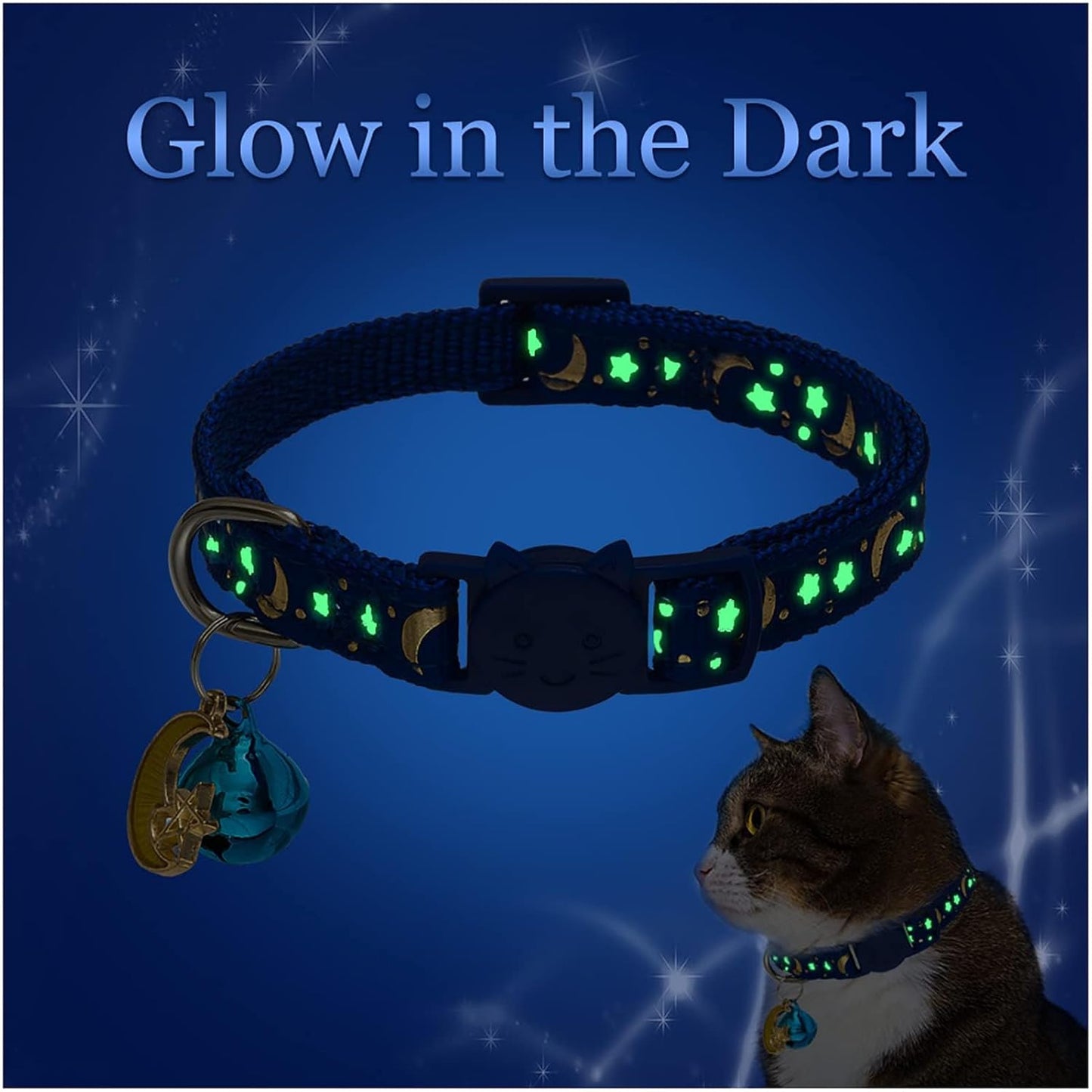 KOOLTAIL Cat Collar Breakaway with Bells - 6 Pack Glow in The Dark - Stars & Moon Charm Pendent Pet Reflective Collars Ideal for Kitten Cats Puppy