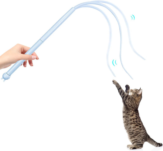 Andiker Mice Tail Cat Wand Toy, 30 inches Long Cat Teaser Stick with Innovative Silicone Rat Tail Easy to Install and Clean Soft Easy Swing Tail Interactive Cat Toys for Indoor Cats (Blue)