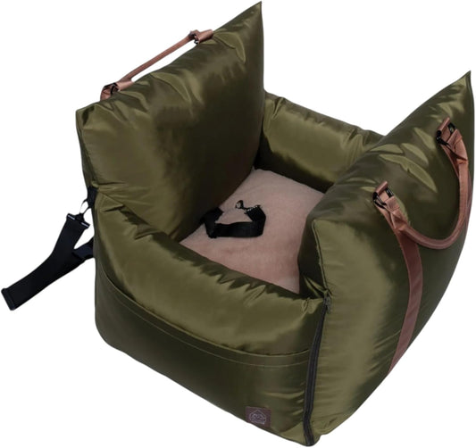 4 Cats & Dogs Marco Travel Pet Bed – Dog Car Seat for Small & Medium Dogs, Waterproof, Faux Fur Cushion, Safety Belt, Washable Cover, Storage Pockets, Booster Seat (Army, Single Seater 18.5" x 21")