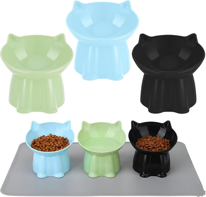 3 Pcs Elevated Cat Bowls 15°Raised Cat Food Bowl with Silicone Mat Whisker Friendly Anti Vomiting Cats Dishes Pet Food and Water Bowls for Indoor Cats Kittens Classic Blue, Black, Green Colors