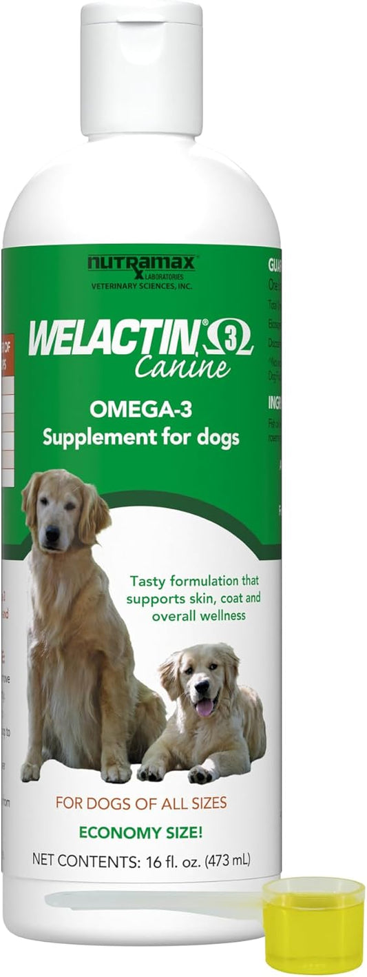 Nutramax Welactin Omega 3 Fish Oil for Dogs, Skin and Coat Health Supplement, Plus Joint, Immune, Kidney, and Brain Support, Premium Omega 3 Fatty Acids, For Dogs of all Sizes, 16 Ounce Liquid (3 Pk)