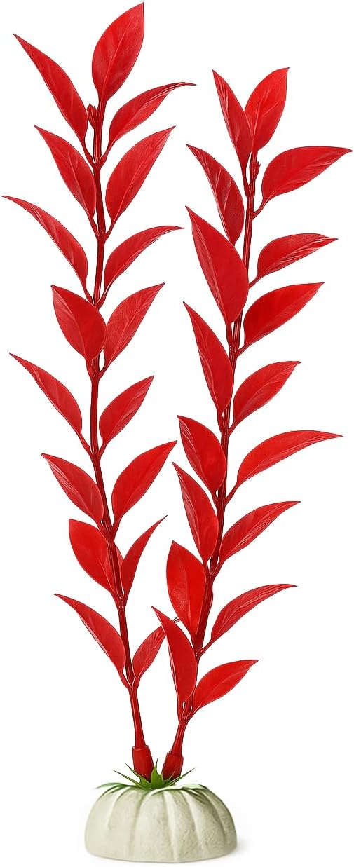 D & K Exclusives Artificial Aquarium Plants, 10 Pack 7 inch Plastic Fish Tank Decorations, Colorful Aquascape Decor for Freshwater, Tropical Tanks (Red Leaf Plant)