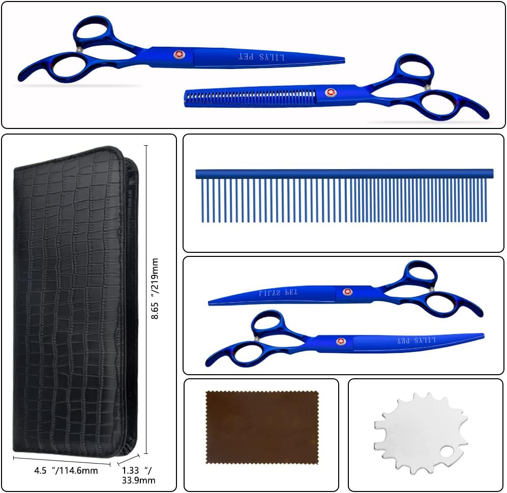LILYS PET Professional PET DOG Grooming Coated Titanium scissors suit Cutting&Curved&Thinning shears (7.5 inches, Blue)…