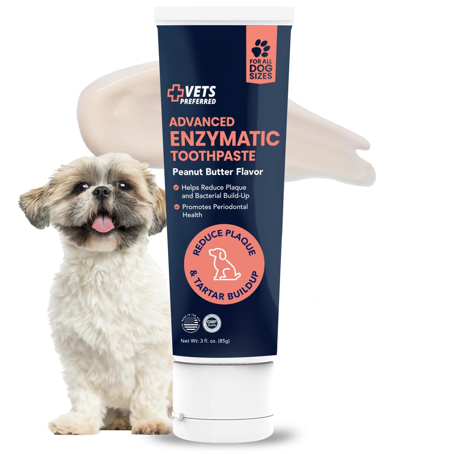 Vets Preferred Dog Enzymatic Toothpaste – Safe and Natural Dog Oral Care Toothpaste – Freshens Breath, Fights Plaque and Reduces Tatar – Tasty Peanut Butter Flavor – 3 Oz