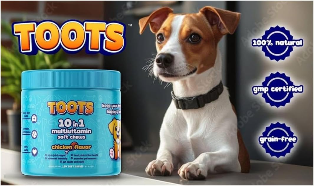 Toots 10-in-1 Multivitamin for Dogs -120ct Chicken Flavor Soft Chews for Hip and Joint, Skin and Coat, and Immune Support - Organic, Gluten-Free Dog Vitamins for All Breeds and Ages