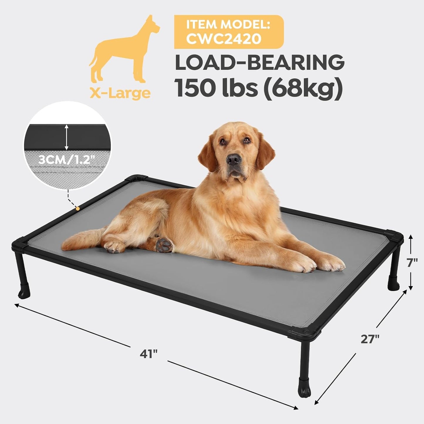 Veehoo Chew-Proof Elevated Dog Bed, Durable Training Platform for Large Dogs, Indoor Outdoor Raised Pet Cot, Grey, 41x27inches, Model CWC2420CP