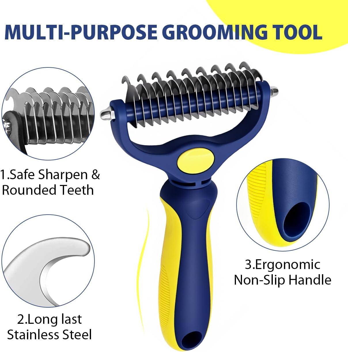 Professional Double-Sided Pet Grooming Rake, Blue and Yellow Deshedding Tool for Dogs and Cats, Undercoat Dematting Brush for Long Hair Pets