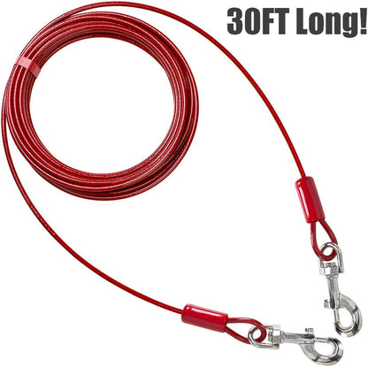 BV Dog Tie Out Cable 30 Feet - Heavy Duty Dog Lead Up to 125 Pounds - Reflective & Rust-Free with Quick Release Swivel Clips & 360° Rotating Clasp - Tangle-Free Dogs Runner for Yard (Red, Single)