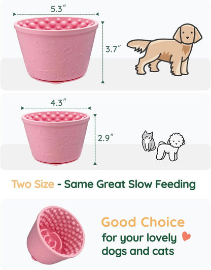 Slow Feeder Bowl Bundle: Light Blue Frozen Lick Mat (6.0" x 1.0") + Pink Starry Sky Feeder (5.3" x 3.7"), Freeze-Friendly Lick Bowl with Suction Cups for Enrichment and Anxiety Relief