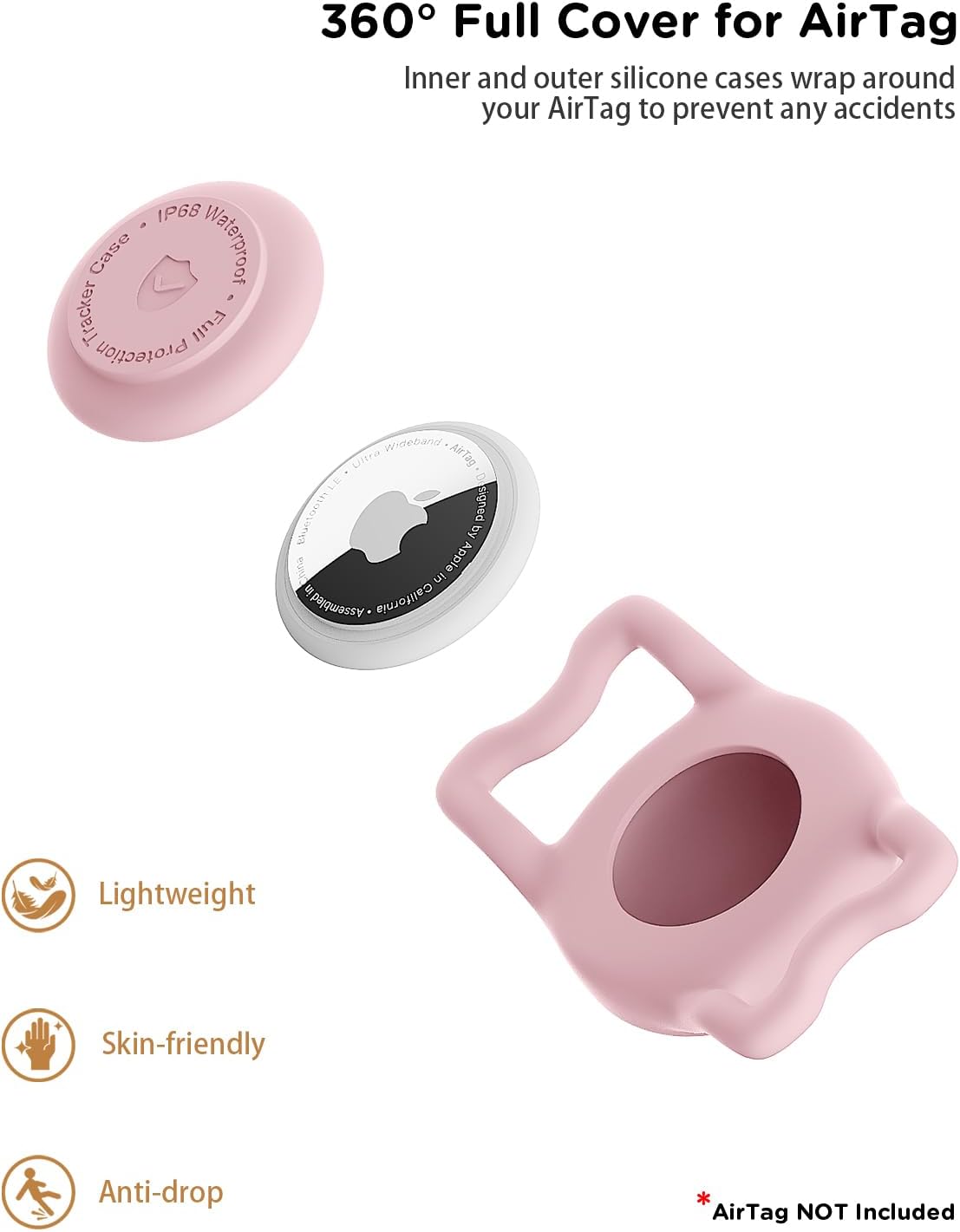 IP68 Waterpoof Dog Airtag Holder, Stretchy Silicone Full Body Covered Apple Air Tag Holder for Dog Cat Collar Fit All Width Collar (Pink, 1 Pack)