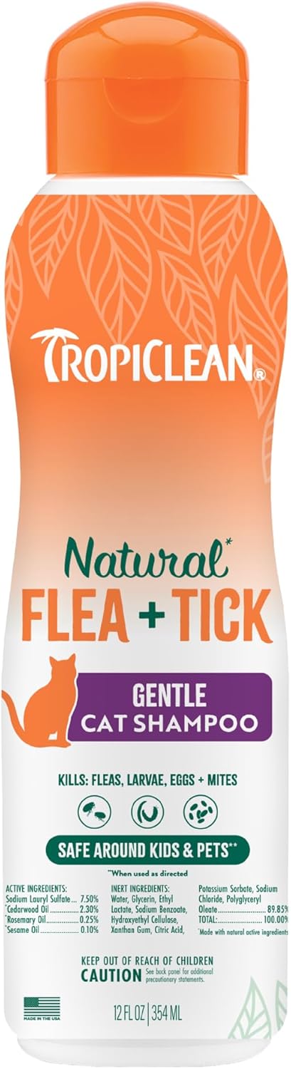 TropiClean Gentle Flea Shampoo for Cats, Flea and Tick Prevention for Cats, Powerful & Natural Defense, Made in USA, 12 oz.