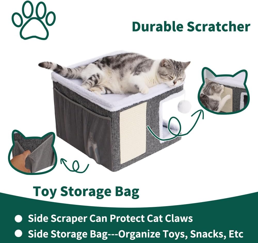 Beds for Indoor Cats,Large Cat Cave for Pet Cat House with Fluffy Ball Hanging and Scratch Pad,Side with Toy Storage Bag,Non-Slip Bottom