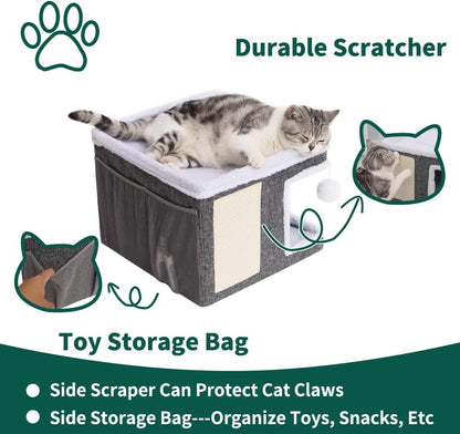 Beds for Indoor Cats,Large Cat Cave for Pet Cat House with Fluffy Ball Hanging and Scratch Pad,Side with Toy Storage Bag,Non-Slip Bottom