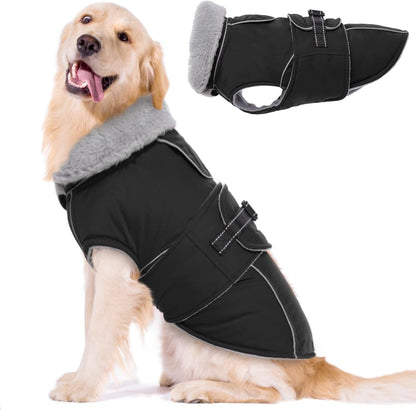 Lelepet Warm Dog Coats for Large Dogs Waterproof Dog Jacket Reflective Pet Fleece Vest Windproof Cold Weather Coats with Adjustable Buckle & Leash Hole, Black, XL