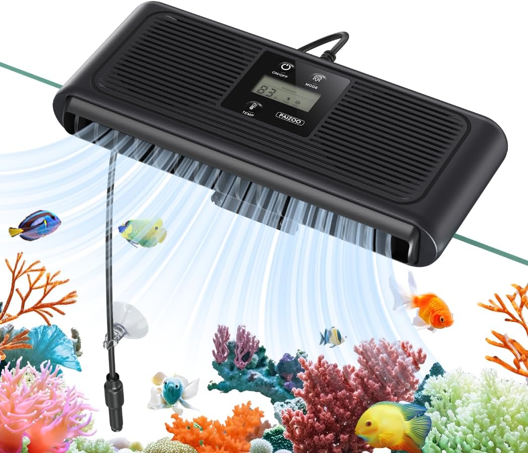 PAIZOO Aquarium Chiller Fan, Fish Tank Cooling Fans Aquarium Cooler with Temperature Probe & LCD Display, Auto Temperature Control & 3 Speed Modes Axolotl Cooler, 6.4W