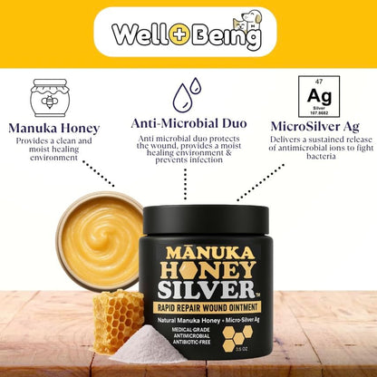 Well-Being Manuka Honey Silver Rapid Wound Repair Ointment for Dogs, Cats and Horses Superior Healing Qualities for Rapid Repair of Cuts, Surgical Inscisions, Abrasions Prevents Infection 2 Ounce