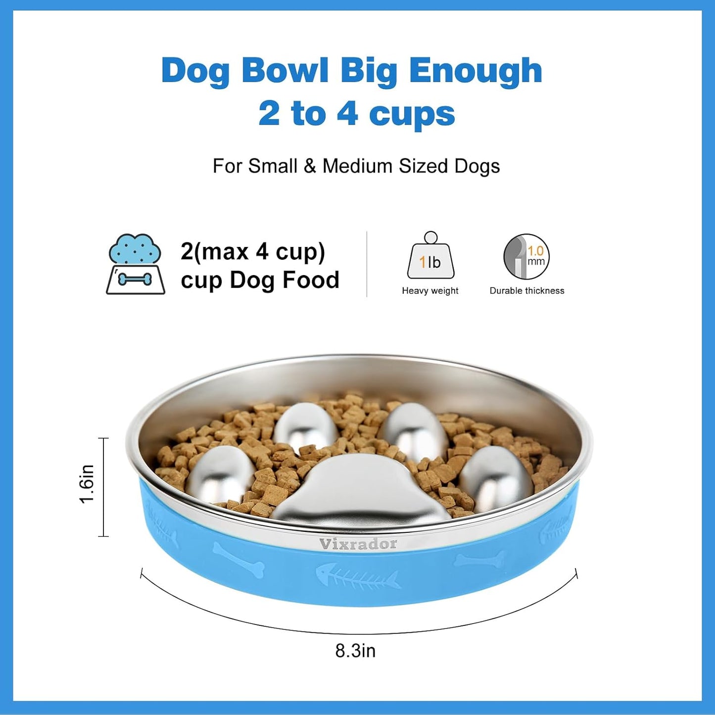 Slow Feeder Dog Bowls Stainless Steel,2 Cups Blue Non-Slip for Small & Medium Sized Dogs,Slow Down Eating Dog Bowl for Fast Eaters