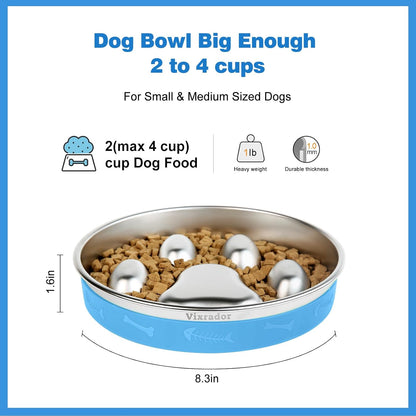 Slow Feeder Dog Bowls Stainless Steel,2 Cups Blue Non-Slip for Small & Medium Sized Dogs,Slow Down Eating Dog Bowl for Fast Eaters