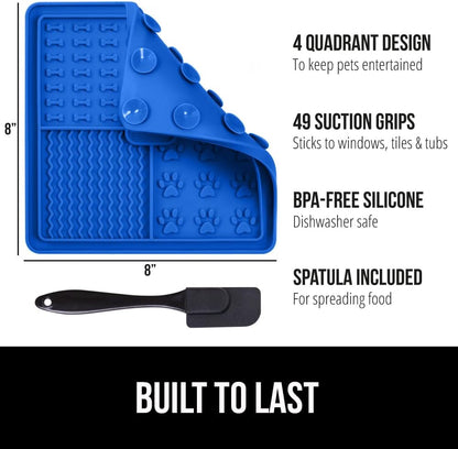 Gorilla Grip Dog and Cat Lick Mat 2 Pack and Silicone Pet Feeding Mat, Interactive Activity Toy Licking Pad 1 Royal 1 Green, 18.5x11.5 in Dog Cat Food Mat Contains Spills Gray Color, 2 Item Bundle