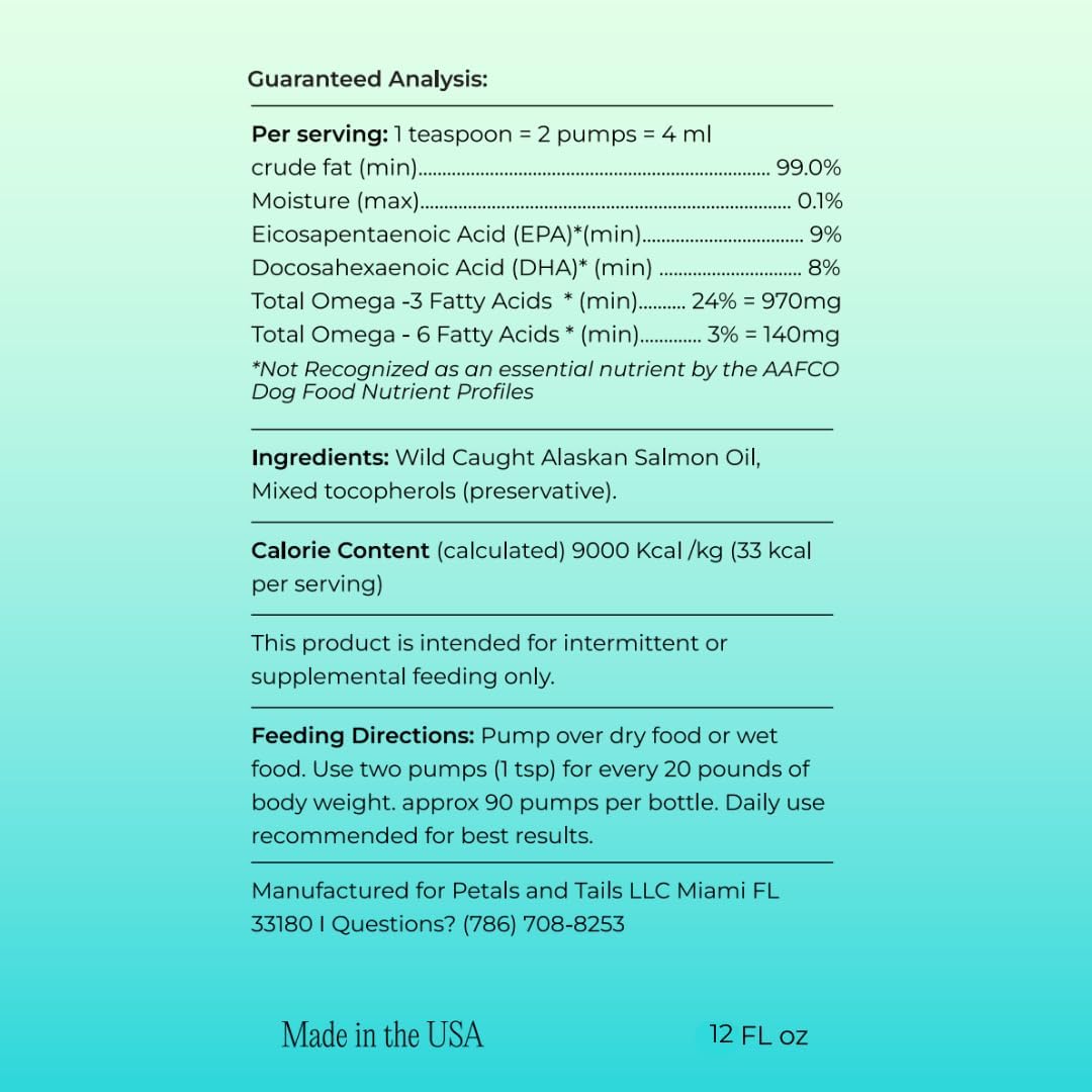 Petals & Tails Wild Alaskan Salmon Oil for Dogs & Cats – 100% Pure Omega-3 Fish Oil Supplement – Supports Skin, Coat, Joints & Heart – No Blends – 12 oz