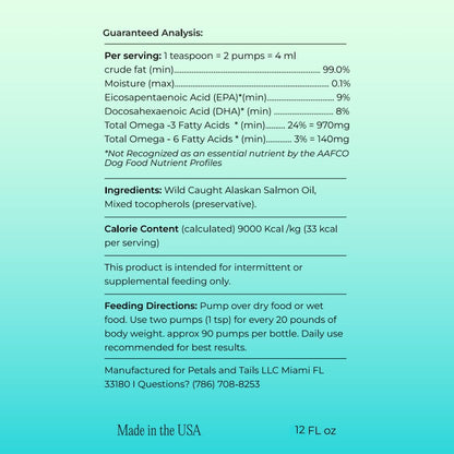 Petals & Tails Wild Alaskan Salmon Oil for Dogs & Cats – 100% Pure Omega-3 Fish Oil Supplement – Supports Skin, Coat, Joints & Heart – No Blends – 12 oz