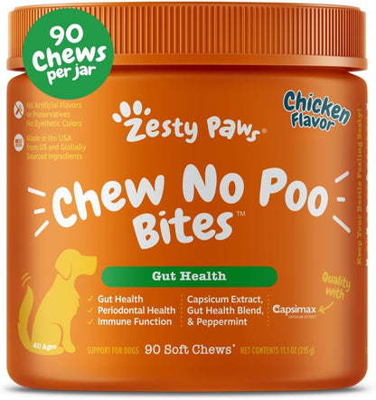 Zesty Paws Chew No Poo Bites for Dogs - Coprophagia Relief - Stool Eating Deterrent Soft Chews for Dogs - Gut, Periodontal & Immune System Support with Probiotics - Chicken - 90 Ct